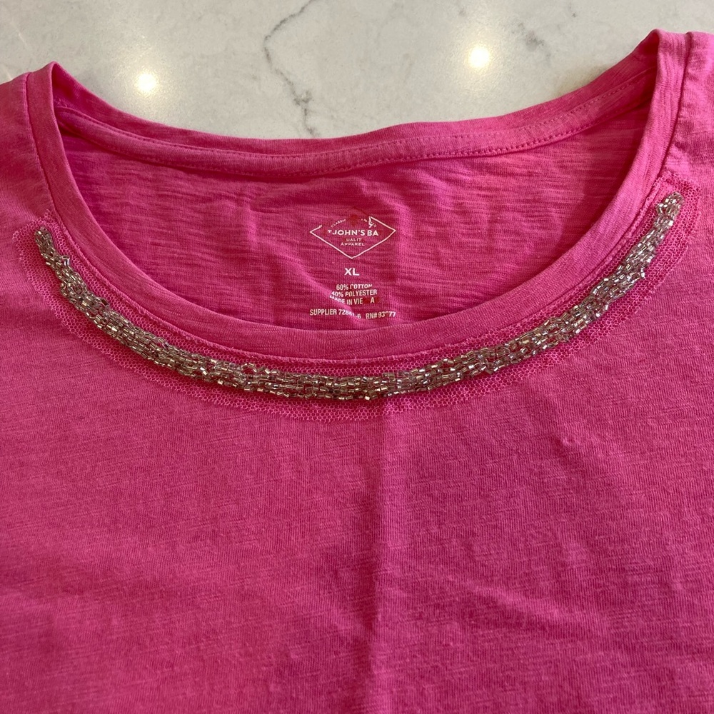 St John’s Bay women’s Pink top with beads a XL short sleeve